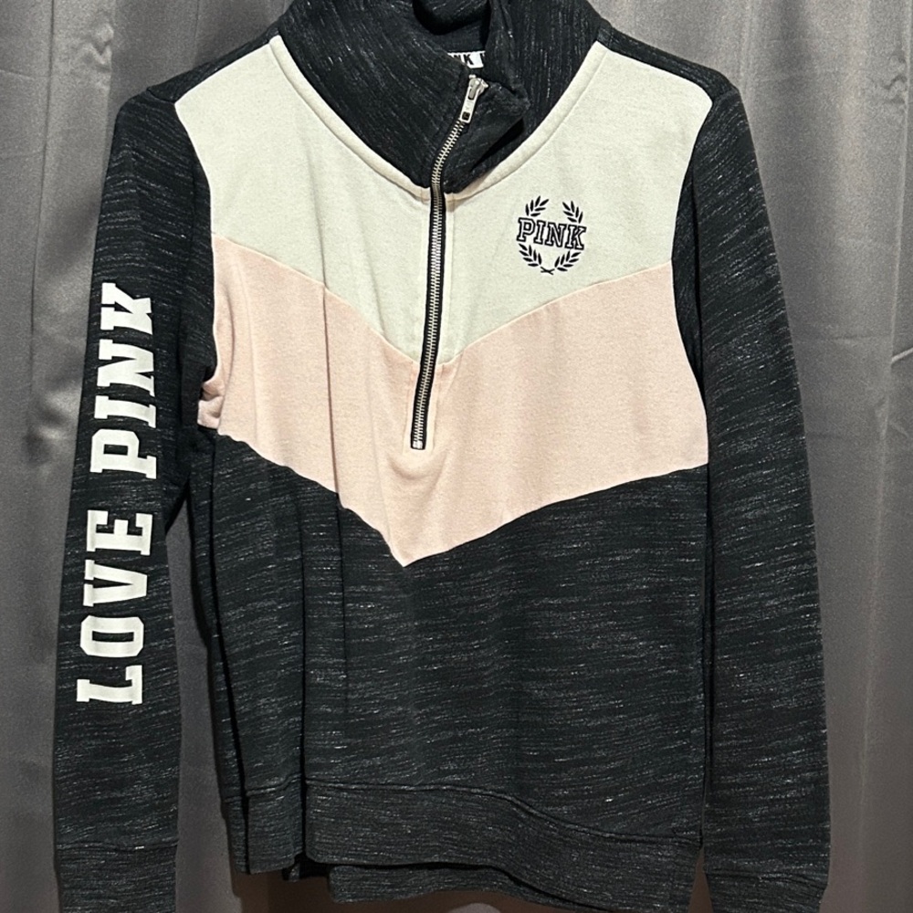 PINK Victoria's Secret Black and Cream Zip-Up Sweater